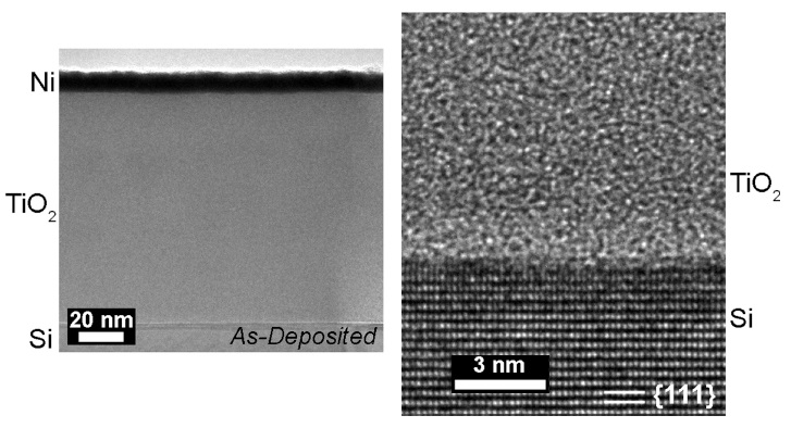 (left) Transmission electron micrograph (TEM) of silicon protected by a thick layer of amorphous titanium dioxide bearing a thin layer of nickel. (right) High-resolution TEM of the interface of silicon with the titanium dioxide coating.1