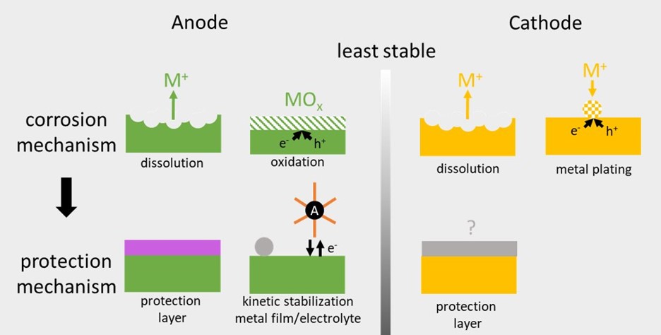 Photoelectrodes often have various corrosion pathways including dissolution, oxidation, and metal plating. The corrosion can lead to loss in performance and eventual device failure. These pathways can be mitigated or prevented by protecting the surface with a chemically stable and electronically conductive protection layer.